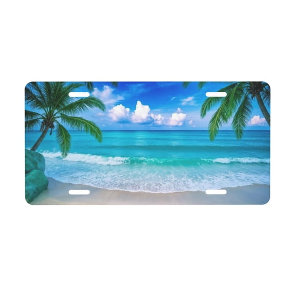 Beach Palm Trees License Plate with 4 Holes,Novelty Aluminum Metal Car Plate Vanity Tag Decorative Car Front Accessories for Women Men,6"x12"