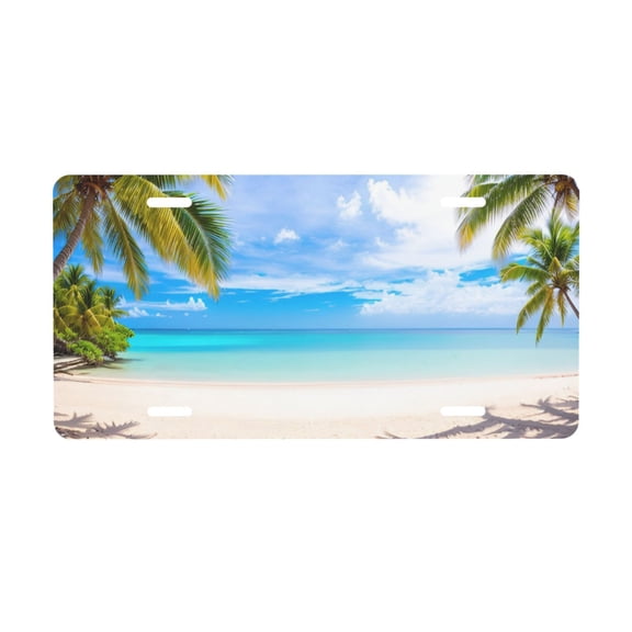 Beach Palm Trees License Plate with 4 Holes,Novelty Aluminum Metal Car Plate Vanity Tag Decorative Car Front Accessories for Women Men,6x12 Inches
