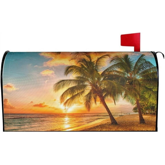 Beach Palm Trees Mailbox Cover Magnetic Sunset Over The Sea Waterproof Mailbox Wraps Post Letter Box Decor 25.5x21 in