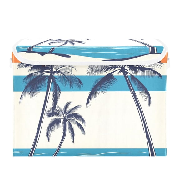 Beach Palm Trees Orange Blue Stripes Foldable Storage Bin with Lid and Handle Collapsible Storage Box 16.5 x 12.6 x 11.8 inches