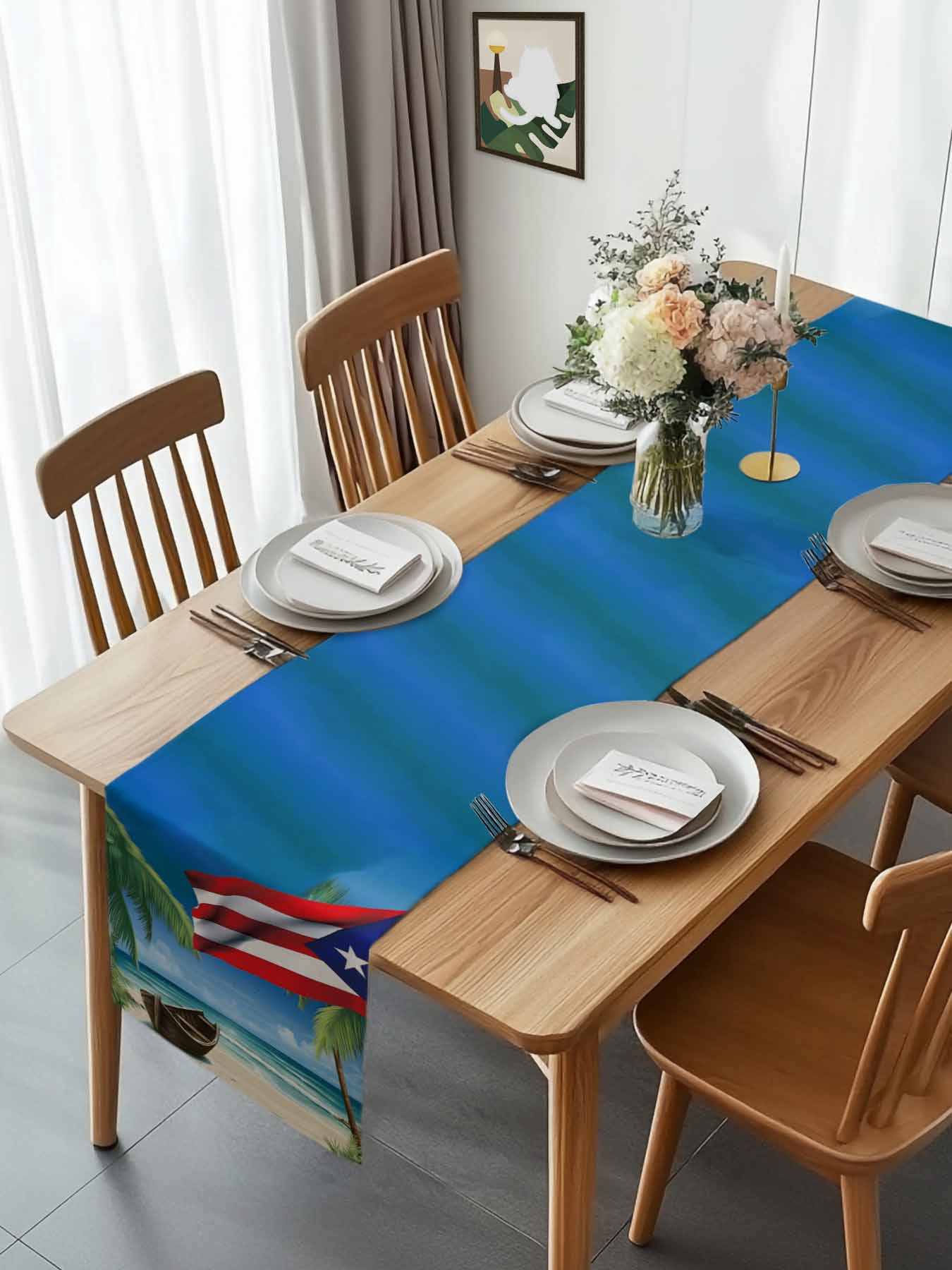 Beach Palm Trees Retro Flag Table Runner 90 Inches Long, Summer Ombre Ocean Waves Table Runners Tabletop Scarf Kitchen Dining Tables Decoration for Home Party Indoor Outdoor