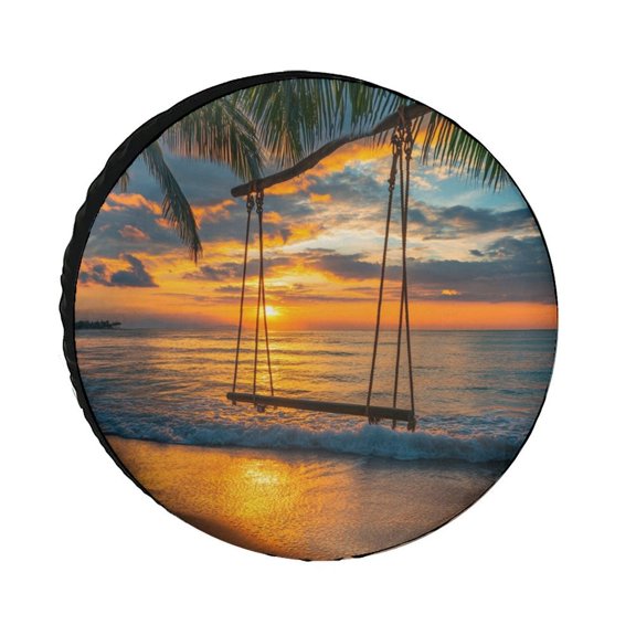 Beach with Palm Trees Sunset Camper Spare Tire Cover Beach Tropical Palm Plants Waterproof Polyester Wheel Protectors Wheel Covers for Camper Travel Trailer SUV Truck 15inch