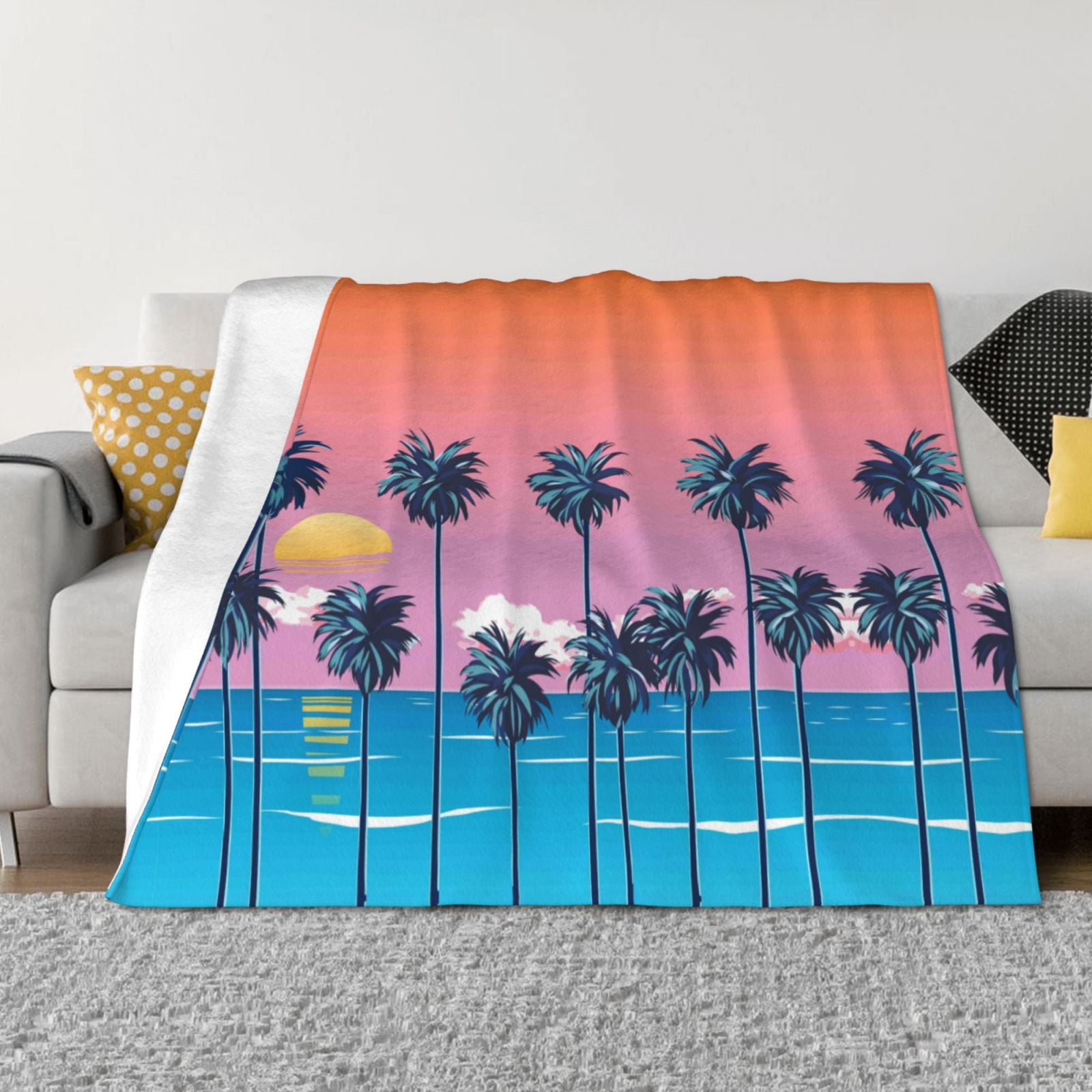 Beach with Palm Trees Throw Blanket for Couch, Soft Comfy Warm Plush