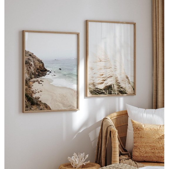 Beach Pampas Wall Boho Coastal Neutral Coastal Decor Set 2 Stretched Canvas 8x12