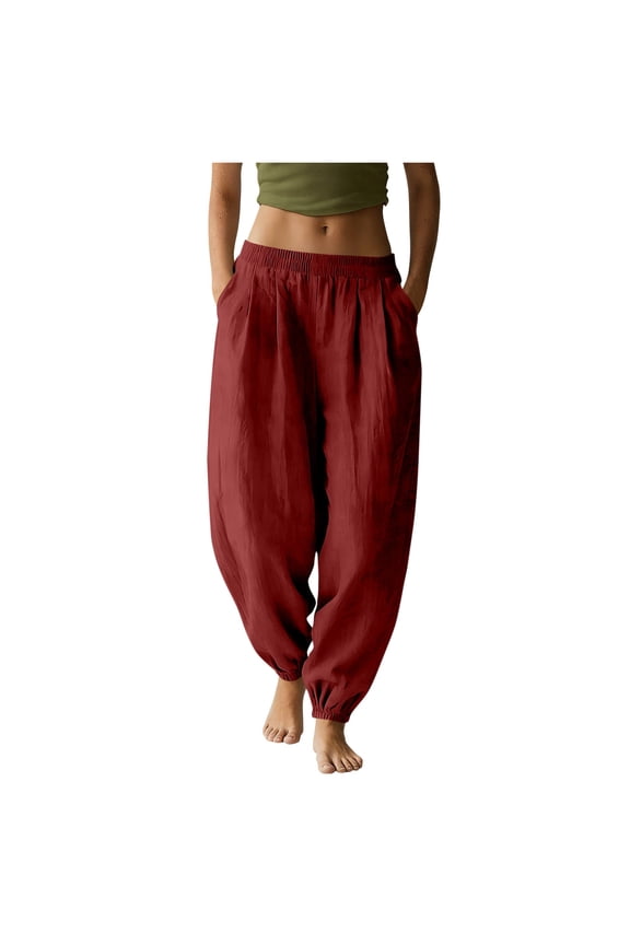 Beach Pants For Women Women's Baggy Harem Trousers - Cotton Linen Elastic Waist Boho Casual Pants for Yoga Beach