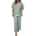 thumbnail image 1 of Beach Pants Set for Women New Women's Spring and Summer Solid-Color V-Neck Mid-Sleeve Tops with Straight Pocket Pants Casual Set Mint Green 5XL, 1 of 7