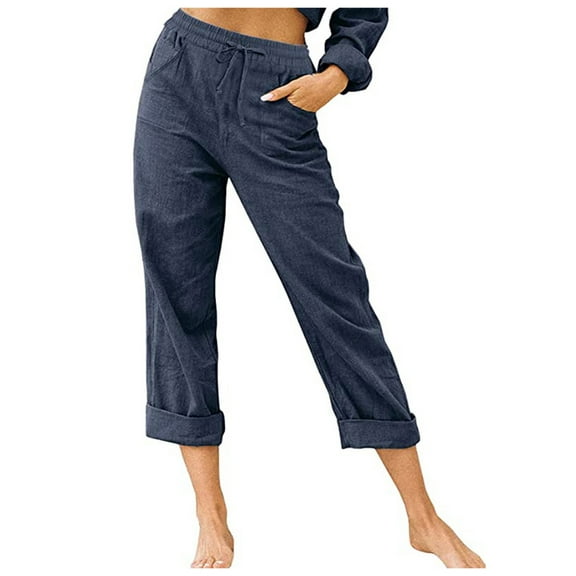 Hfolob Beach Pants Women Solid Color High Waist Cotton and Linen Casual Cropped Flare Pants Gray M