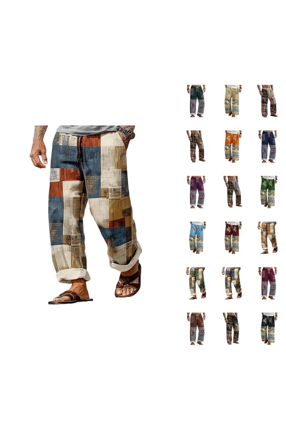 Beach Pants for Men Flower Print Loose Fit Elastic Waist Wide Leg Boho Cotton Linen Casual Pants with Pockets