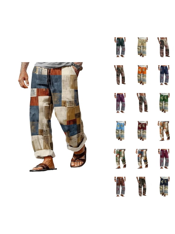 Beach Pants for Men Flower Print Loose Fit Elastic Waist Wide Leg Boho Cotton Linen Casual Pants with Pockets