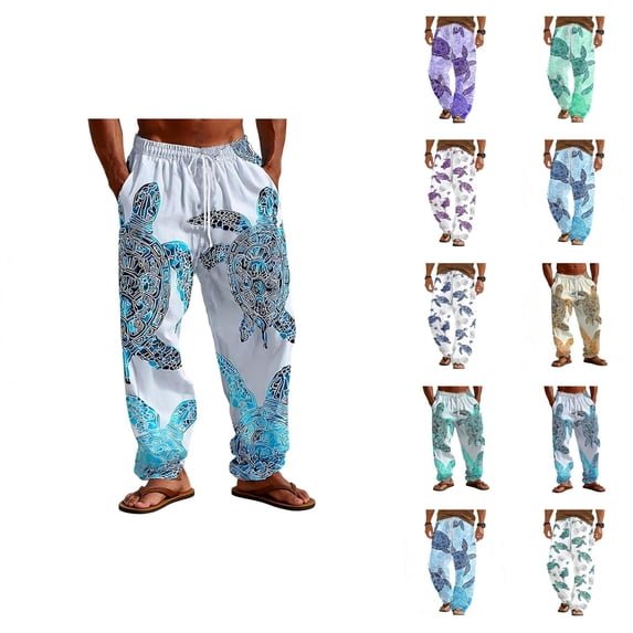 Beach Pants for Men Sea Turtle Print Loose Fit Elastic Waist Wide Straight Leg Cotton Linen Casual Pants with Pockets