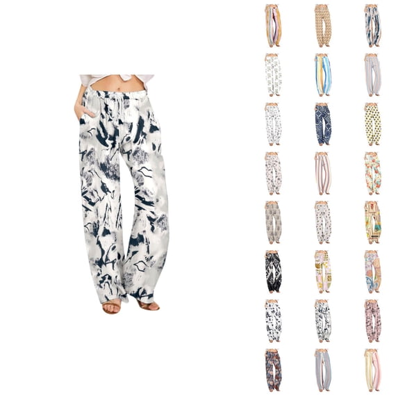 Beach Pants for Women 2026 Spring Summer Floral Print Elastic Waist Wide Leg Loose Linen Baggy Pants with Pockets