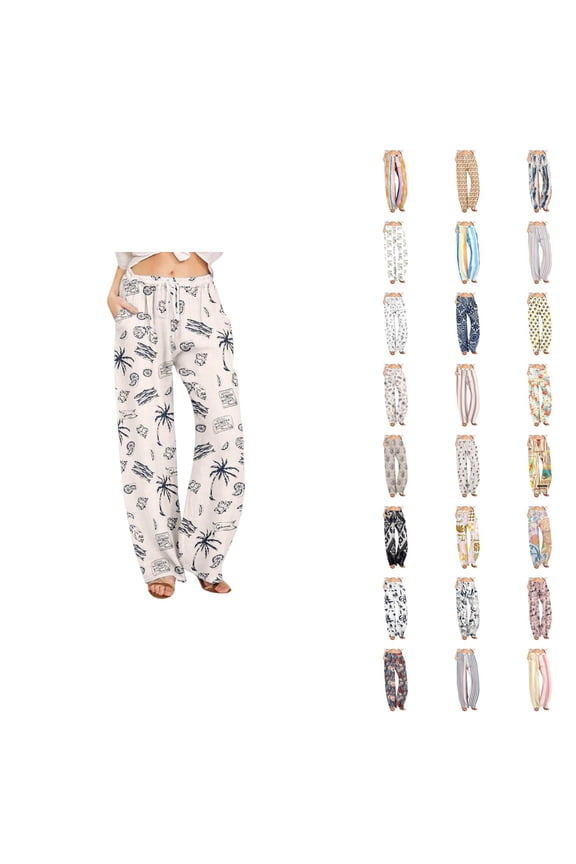 Beach Pants for Women 2026 Spring Summer Floral Print Elastic Waist Wide Leg Loose Linen Baggy Pants with Pockets