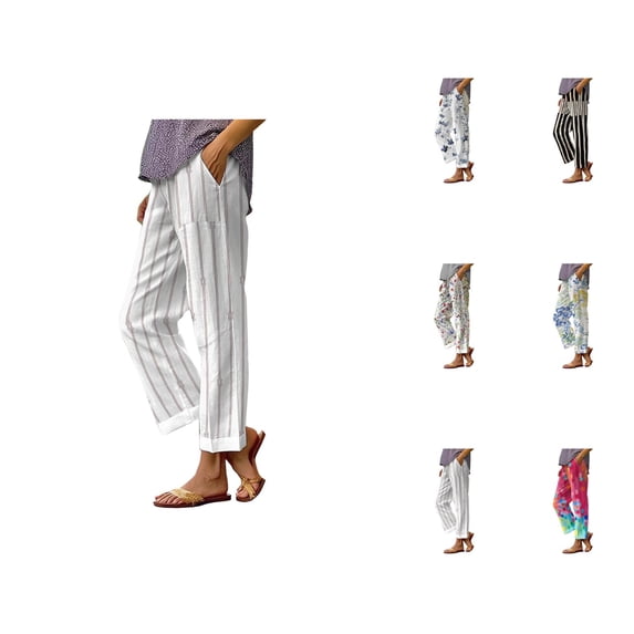 Beach Pants for Women 2026 Spring Summer Relaxed Fit Elastic Waist Straight Leg Cotton Linen Cropped Pants with Pockets