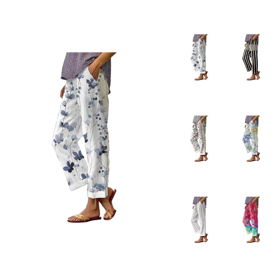 Beach Pants for Women 2026 Spring Summer Relaxed Fit Elastic Waist Straight Leg Cotton Linen Cropped Pants with Pockets