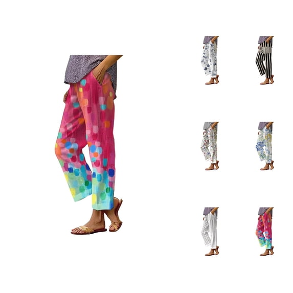 Beach Pants for Women 2026 Spring Summer Relaxed Fit Elastic Waist Straight Leg Cotton Linen Cropped Pants with Pockets