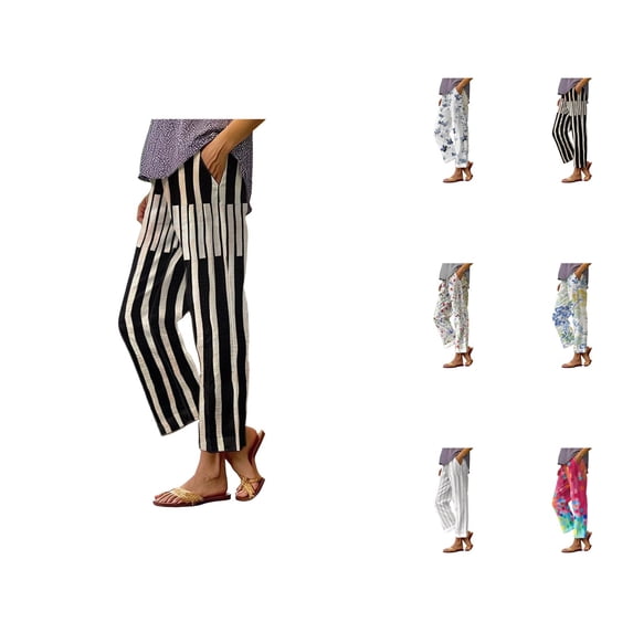 Beach Pants for Women 2026 Spring Summer Relaxed Fit Elastic Waist Straight Leg Cotton Linen Cropped Pants with Pockets