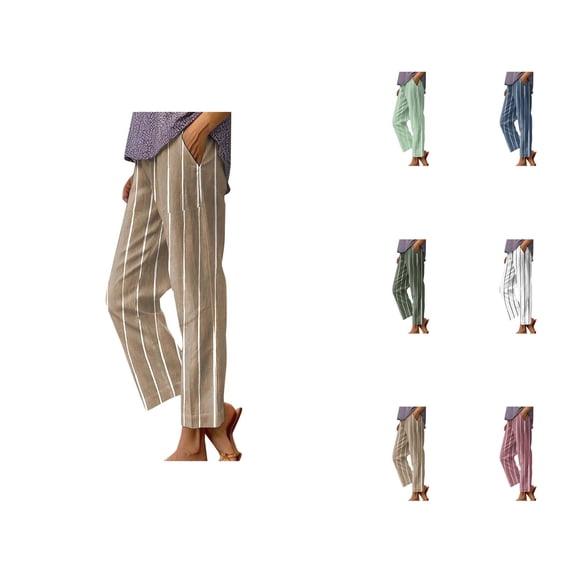 Beach Pants for Women 2026 Spring Summer Striped Elastic Waist Straight Leg Cotton Linen Cropped Pants with Pockets