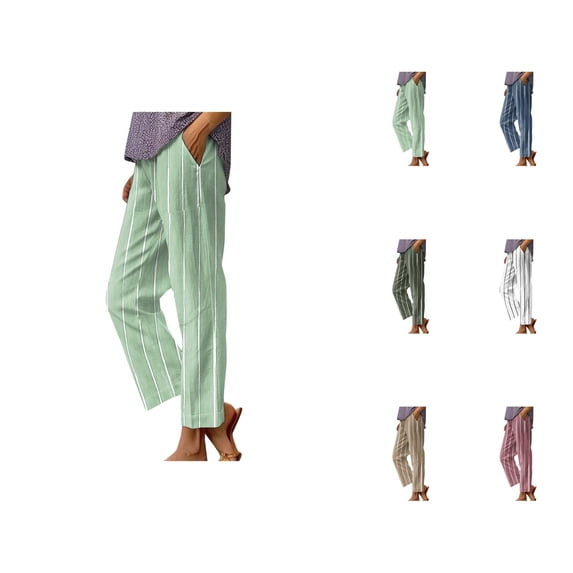 Beach Pants for Women 2026 Spring Summer Striped Elastic Waist Straight Leg Cotton Linen Cropped Pants with Pockets