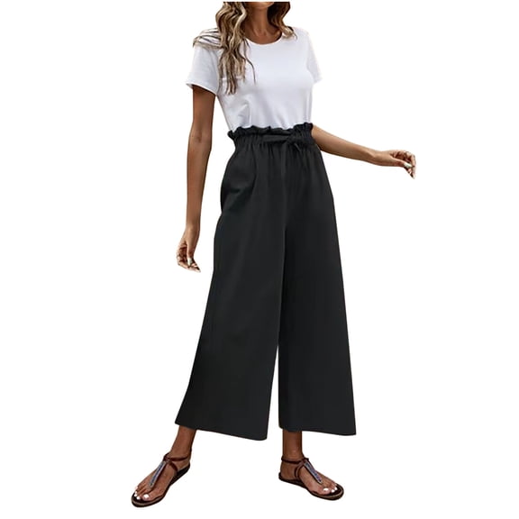Maean Beach Pants for Women Summer Casual Elastic High Waist Bowknot Belted Cotton Linen Trendy Capris