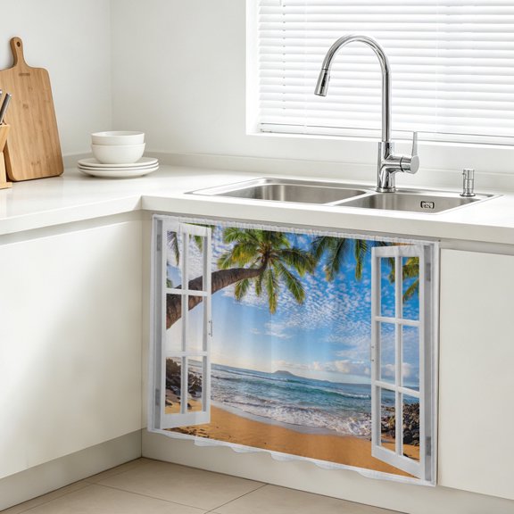 Beach Paradise Cabinet Curtains for Kitchen 11"W x 13"L, Summer Window Frame Sunny Sky Palm Tree Island Vanity Cabinet Curtains Magic Tape Short Curtain Decor Privacy Panel for Bathroom Laundry