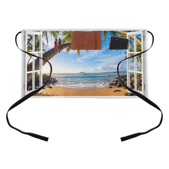 Beach Paradise Kitchen Restaurant Half Waist Apron, Summer Window Frame Sunny Sky Palm Tree Island Server Short Apron with 3 Pockets Waterproof Oil Waist Aprons for Women Waitress Waiter