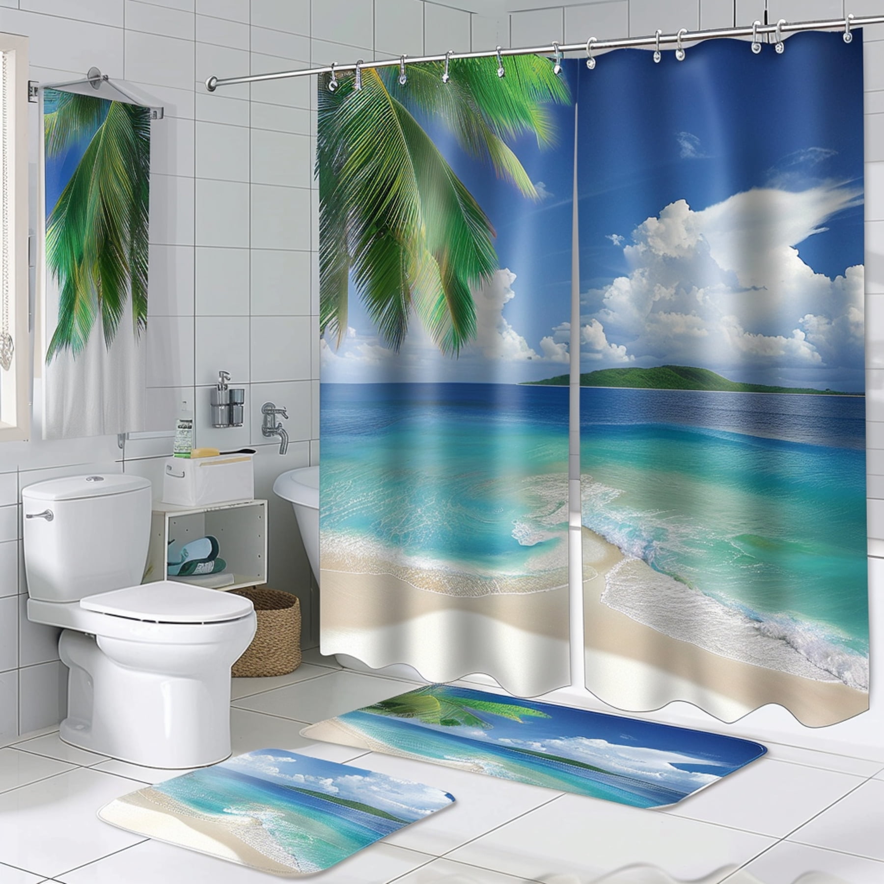 Beach Paradise Shower Curtain Tropical Palm Trees & Ocean Landscape ...