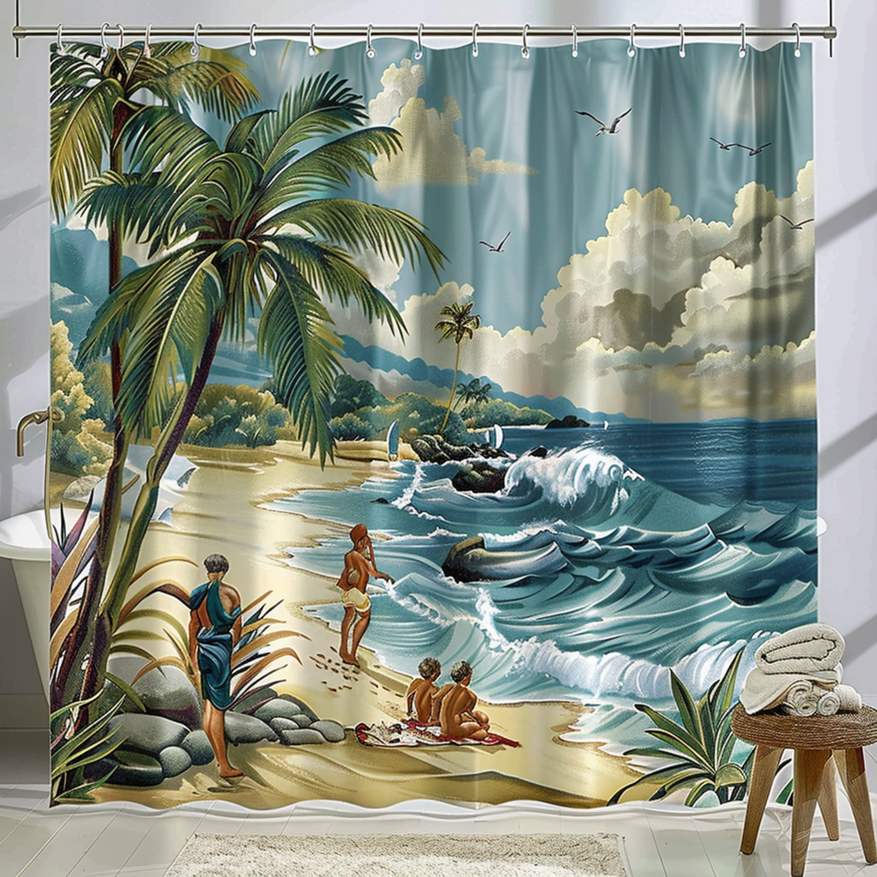 Beach Paradise Shower Curtain Tropical Palm Trees Ocean Waves People on
