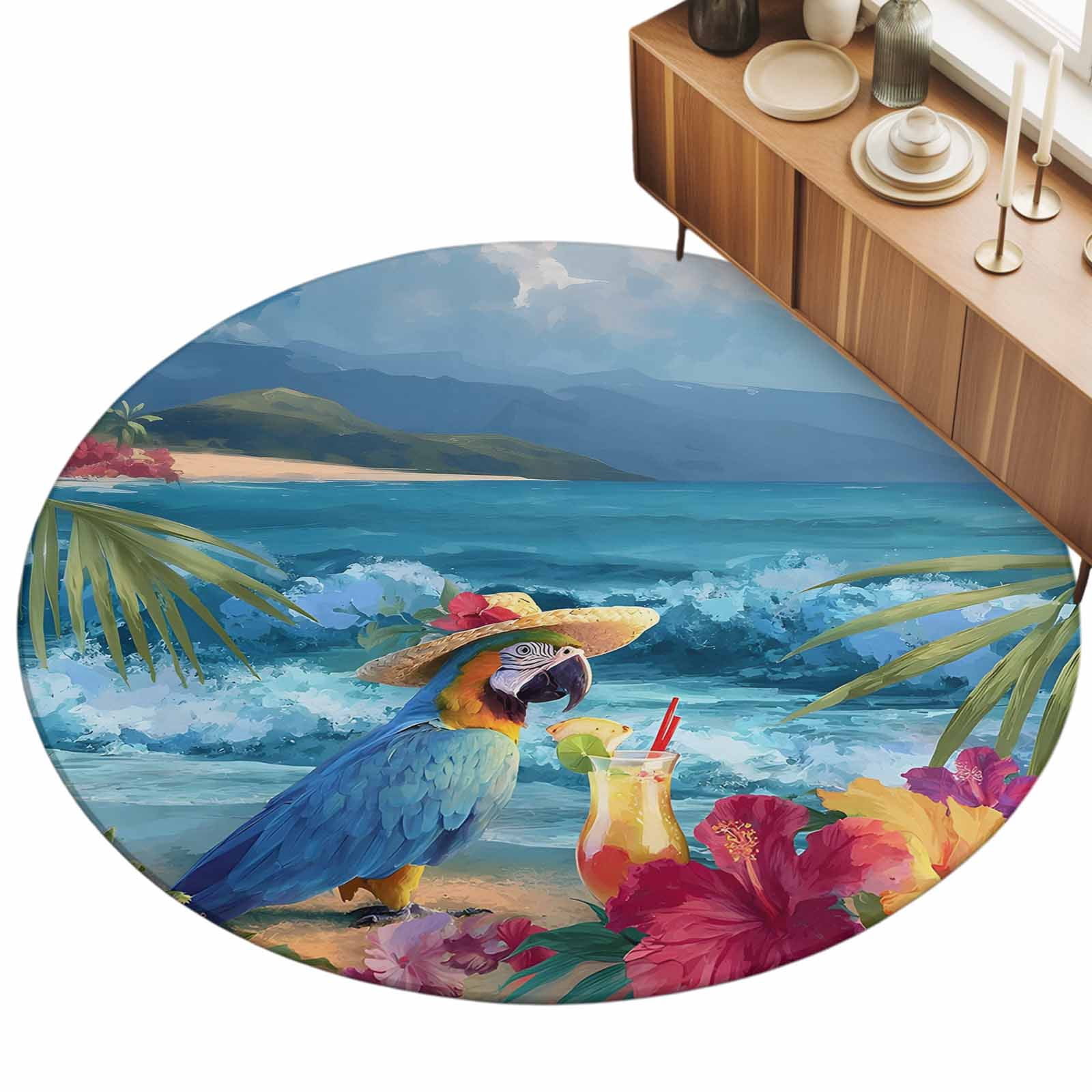 Beach Parrot Area Rugs 3' (Round) Summer Beach Ocean Tropical Plant ...