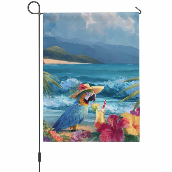 Beach Parrot Garden Flag 12 x 18 Inches, Summer Beach Ocean Tropical Plant Weather Proof Outdoor Patio Flags Double Sided Small Garden Decoration for Yard Outside Home