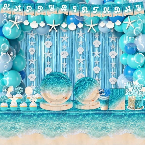Beach Party Decorations, 273Pcs Ocean Waves Birthday Supplies Pool Beach Birthday Party Decorations Tableware,Banner,Tablecloth,Starfish Bubble Garlands,Balloons,Cake Topper,Fringe Curtains Y114