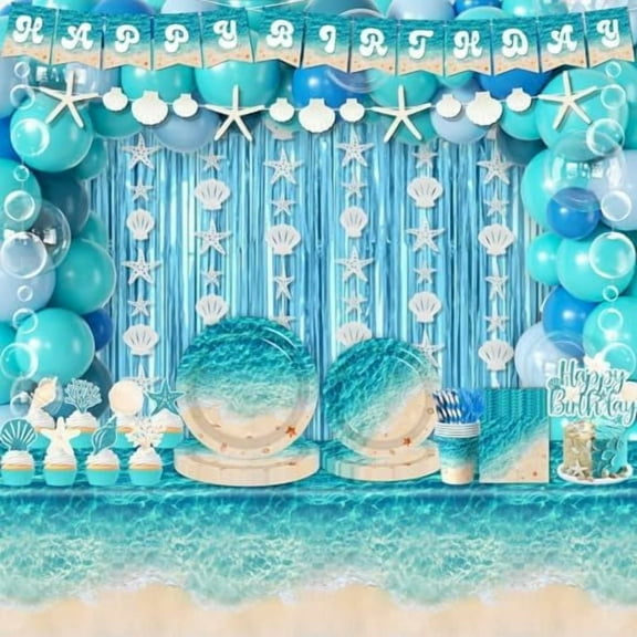 Beach Party Decorations, 273Pcs Ocean Waves Birthday Supplies Summer Pool Beach Birthday Party Decorations Tableware,Banner,Tablecloth,Starfish Bubble Garlands,Balloons,Cake Topper,Fringe Curtains