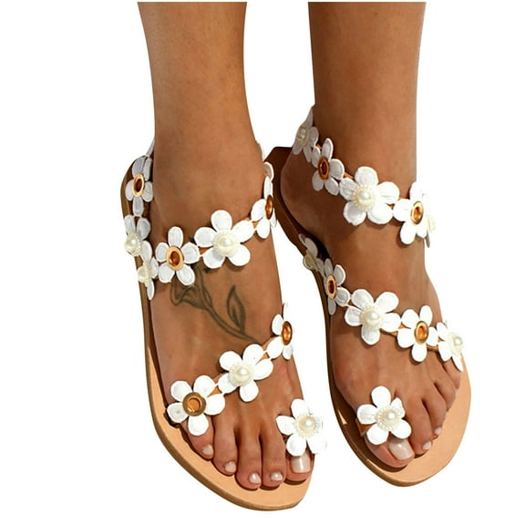 Beach Party Dressy Sandals for Women Bohemian Lace Sweet Flat Sandals with Flower Pearl Slip-Ons