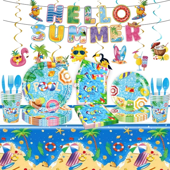 Beach Party Supplies, 104Pcs Tiki Summer Beach Party Decorations Include Hello Summer Tropical Party Plates, Napkins,Cups,Tablecloth,Banner,Balloons for Hawaiian Pool Birthday Baby Shower Decor