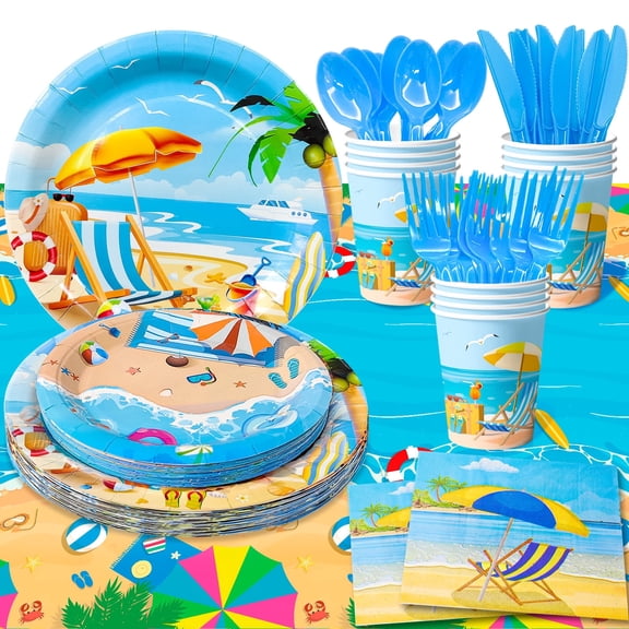 Beach Party Supplies, 141pcs Beach Party Tableware - Plates Napkins Cups Table Cloth etc for Summer Beach Themed Party Decor