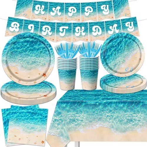 Beach Party Supplies 142Pcs Ocean Waves: Birthday Party Supplies, Tableware, Summer Plates, Cups, Banner, Tablecloth for Hawaiian Party Home Decor