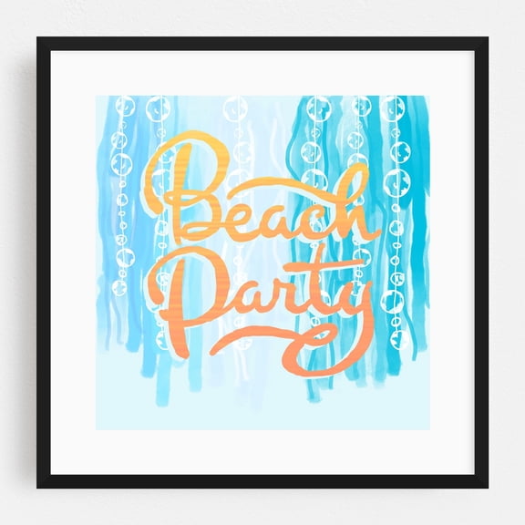Beach Party - Typography Summer Watercolor Ocean Pastel Illustration Black Framed Wall Art Print 16 x 16 inches