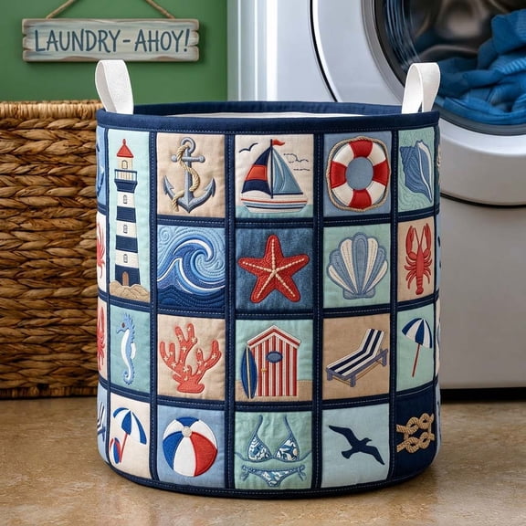 Beach Patch Quilted Laundry Basket, with Handles, Foldable Clothes Hamper for Bedroom Storage