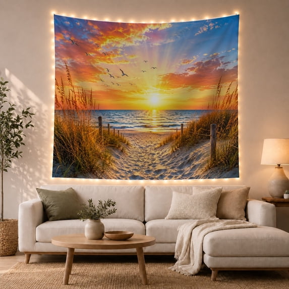 Beach Path at Sunset in Warm Light, Serene Coastal Nature for Ocean Lovers, Beach Wall Art, Housewarming Gift, Tapestry Wall Hanging for Living Room, Bedroom and Dorm