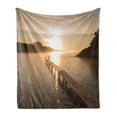 thumbnail image 1 of Beach Pathway Soft Flannel Fleece Blanket, Espanyol Beach in Ibiza at Sunrise Balearic Islands Spain Seascape, Cozy Plush for Indoor and Outdoor Use, 60" x 80", Brown Tan and Yellow, by Ambesonne, 1 of 5