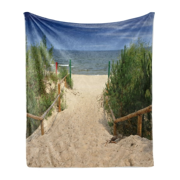 Beach Pathway Soft Flannel Fleece Blanket, Sandy Path Going to a Peaceful and Empty Beach Summer Season Vacation Theme, Cozy Plush for Indoor and Outdoor Use, 50" x 60", Multicolor, by Ambesonne