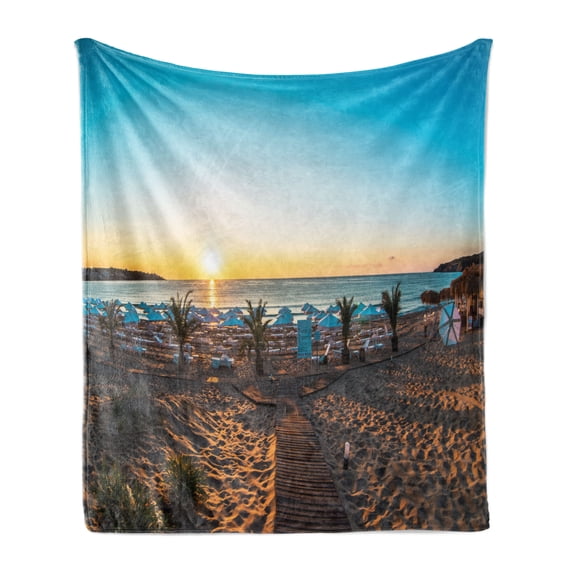 Beach Pathway Soft Flannel Fleece Blanket, Sun at the Horizon Wooden Boardwalk over Sand Dunes to Wild Beach, Cozy Plush for Indoor and Outdoor Use, 60" x 80", Pale Blue Yellow Brown, by Ambesonne
