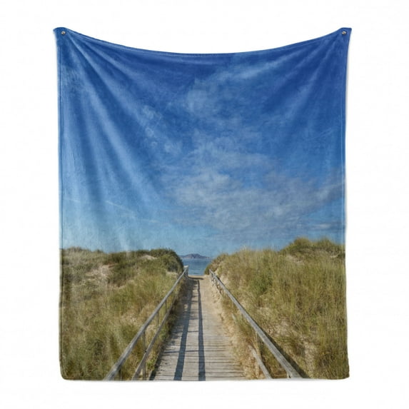 Beach Pathway Soft Flannel Fleece Blanket, Tranquil Beach Playa de a Lanzada Close to Grove Coast of Galicia Spain, Cozy Plush for Indoor and Outdoor Use, 70" x 90", Blue Green Beige, by Ambesonne
