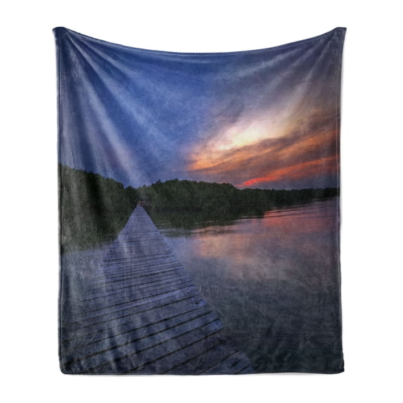 Beach Pathway Soft Flannel Fleece Blanket, Wooden Bridge on Sea at Sunset in Laem Phak Bia Ban Laem Phetchaburi Thailand, Cozy Plush for Indoor and Outdoor Use, 70" x 90", Multicolor, by Ambesonne