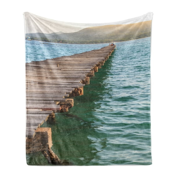 Beach Pathway Soft Flannel Fleece Throw Blanket, Landscape of Wood Bridge Pier over the Sea near an Island, Cozy Plush for Indoor and Outdoor Use, 50" x 70", Sea Green Brown, by Ambesonne