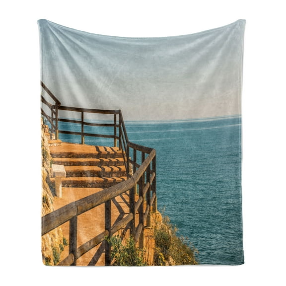 Beach Pathway Soft Flannel Fleece Throw Blanket, Promenade Along the Sea Coast Situated on a Cliff Rock in Spain, Cozy Plush for Indoor and Outdoor Use, 70" x 90", Blue Brown Orange, by Ambesonne