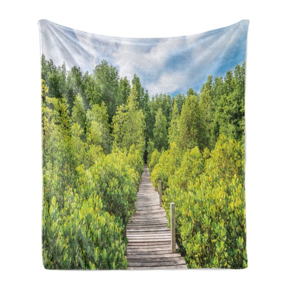 Beach Pathway Soft Flannel Fleece Throw Blanket, Walkway Through Green Trees and a Blue Summer Sky with Clouds, Cozy Plush for Indoor and Outdoor Use, 50" x 60", Green Taupe, by Ambesonne