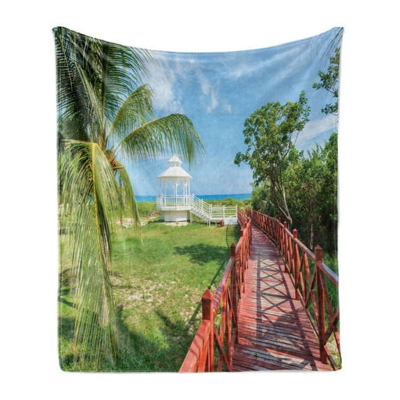 Beach Pathway Soft Flannel Fleece Throw Blanket, Wooden Walkway to the Shore at Beach of Varadero in Cuba, Cozy Plush for Indoor and Outdoor Use, 50" x 60", Vermilion Green, by Ambesonne