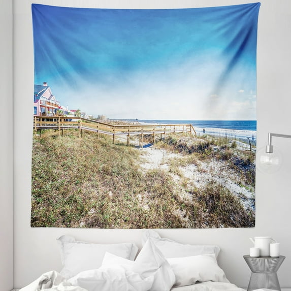 Beach Pathway Tapestry, Coastal Scene Around Folly Beach in South Carolina with a Clear Blue Sky, Fabric Wall Hanging Decor for Bedroom Living Room Dorm, 5 Sizes, Multicolor, by Ambesonne