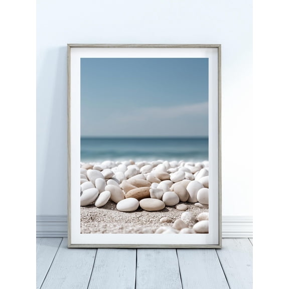 Beach Pebbles Wall Art - White Rocks And Ocean, Neutral Coastal Decor, Seaside Poster, Zen Style, Unframed Poster Size 8x12