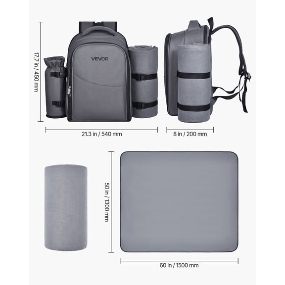 Beach Picnic Backpack for Two Lightweight Cooler Bag with Utensil Set, Grey & Durable